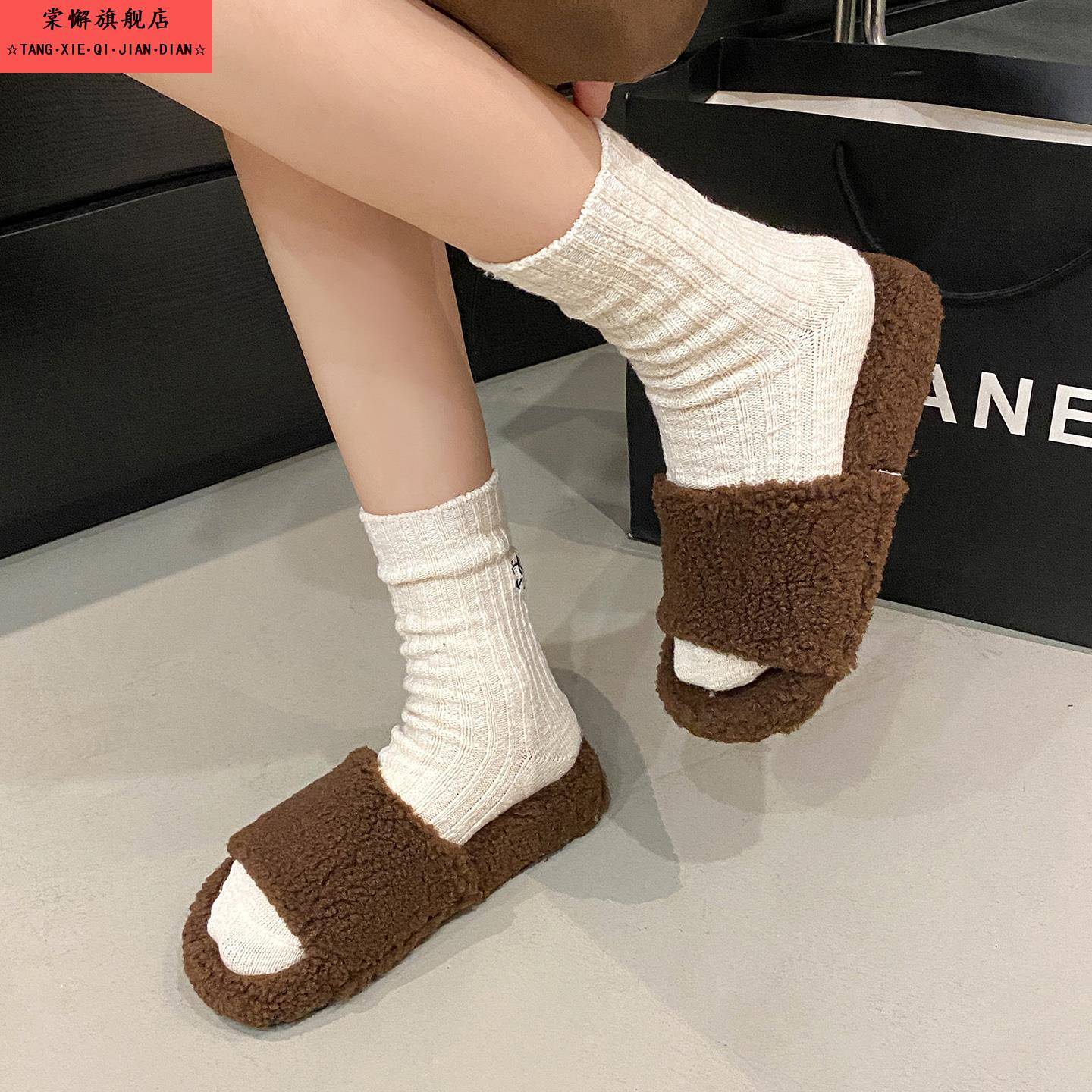 毛毛拖鞋女款2025新款秋冬季室内居家加绒保暖外穿一字拖时尚百搭