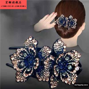 发夹头饰后脑勺盘发双花鸭嘴夹发卡子女头发夹子带钻发饰妈妈抓夹