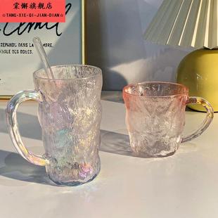冰川纹玻璃杯带盖勺带把手高颜值喝水杯子女家用茶杯咖啡杯ins风