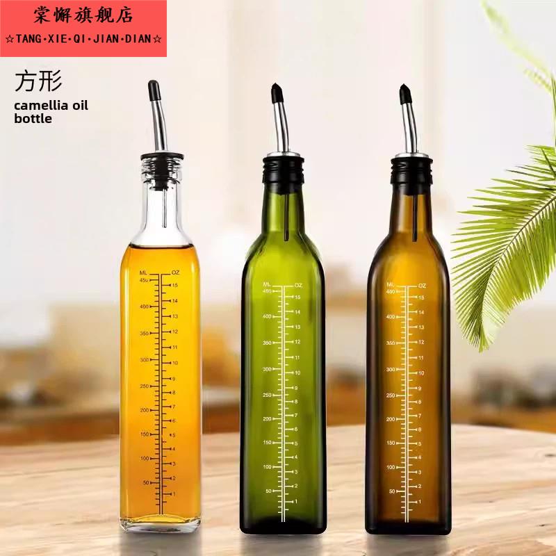墨绿橄榄油瓶500ml方形山茶油瓶不锈钢油嘴带胶帽带刻度核桃油瓶