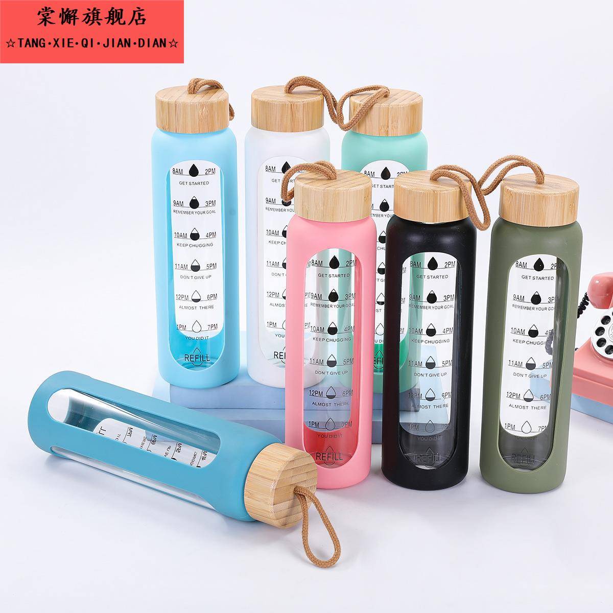 外贸1000ml手提竹盖玻璃水杯学生ins户外便携运动水壶带刻度杯批