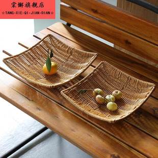 小吃篮子藤编竹编织薯条盘水果篮长方形客厅家用油炸竹篮托盘商用