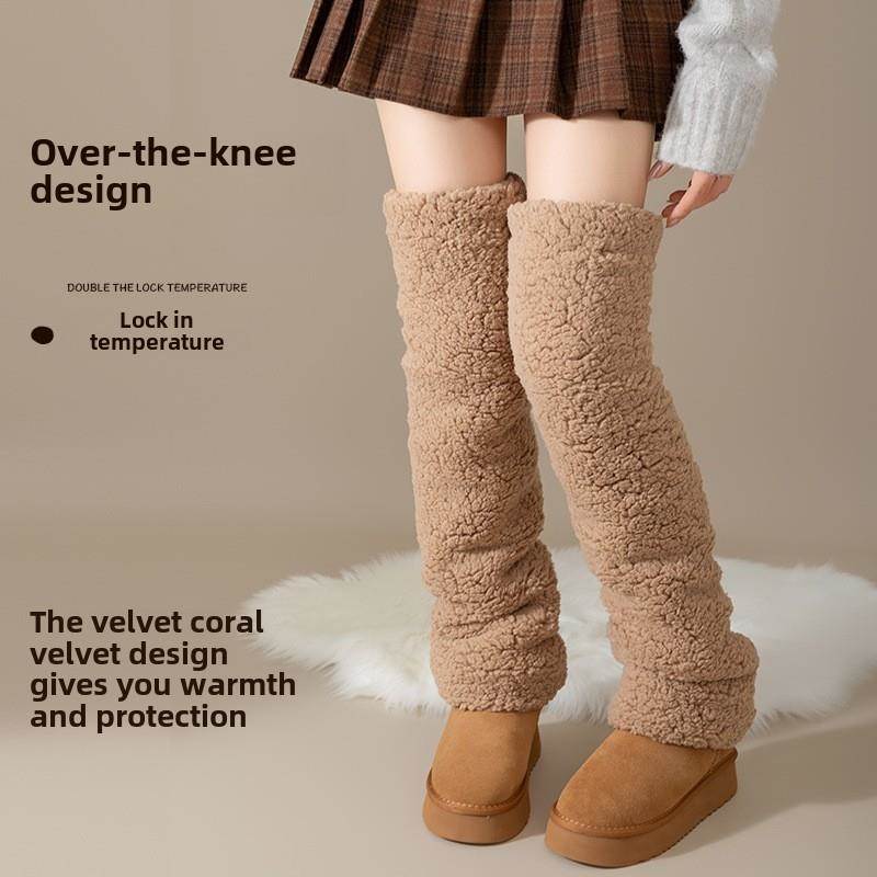 长筒袜过膝长筒袜女士秋冬保暖膝垫大腿套羊毛衬里薄款珊瑚绒袜子