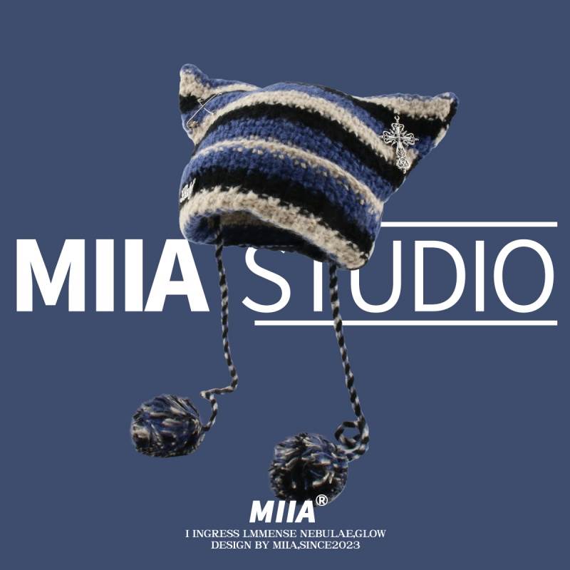 2024年冬亚比风小众可爱猫咪耳朵条纹恶魔牛角针织秋冬毛线帽子女