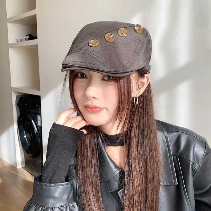 纽扣前进帽子女春秋季文艺覆古遮阳防晒鸭舌贝雷帽小众时尚报童帽