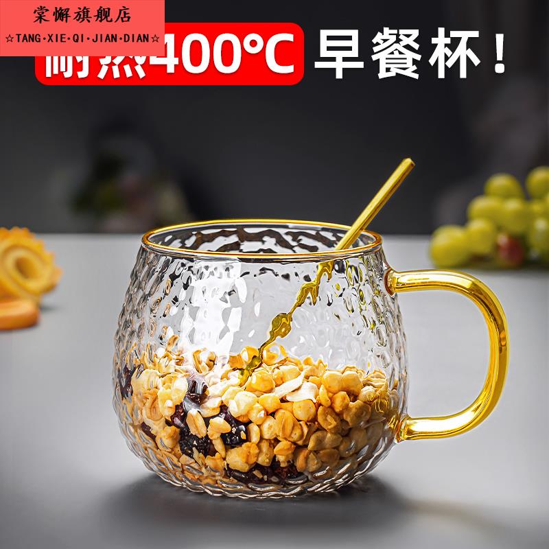 耐高温玻璃杯燕麦早餐杯家用牛奶杯带盖子勺高硼硅水杯女带把咖啡