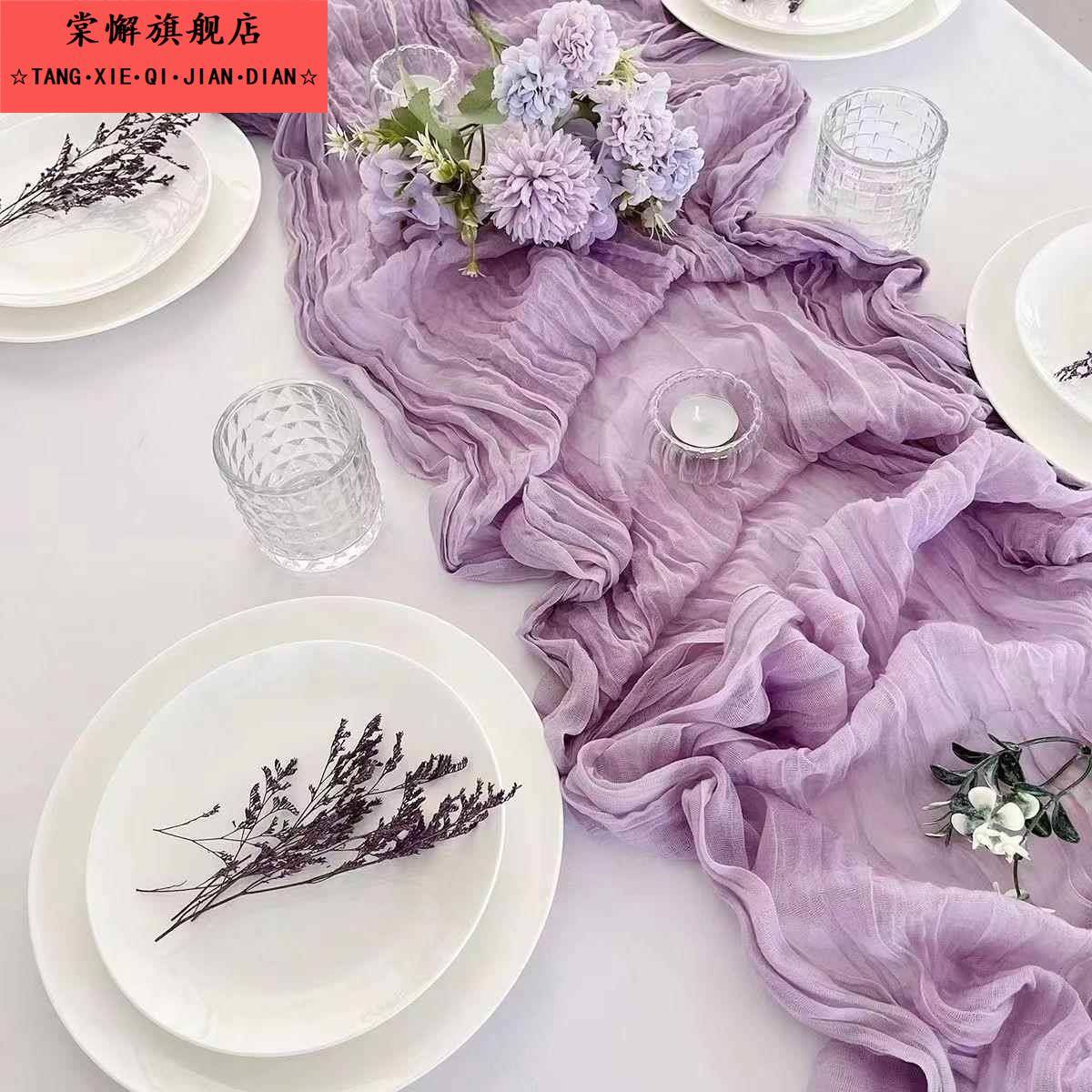 巴厘纱皱布桌旗外贸西餐桌布轻奢高级感婚礼派对装饰褶皱桌旗