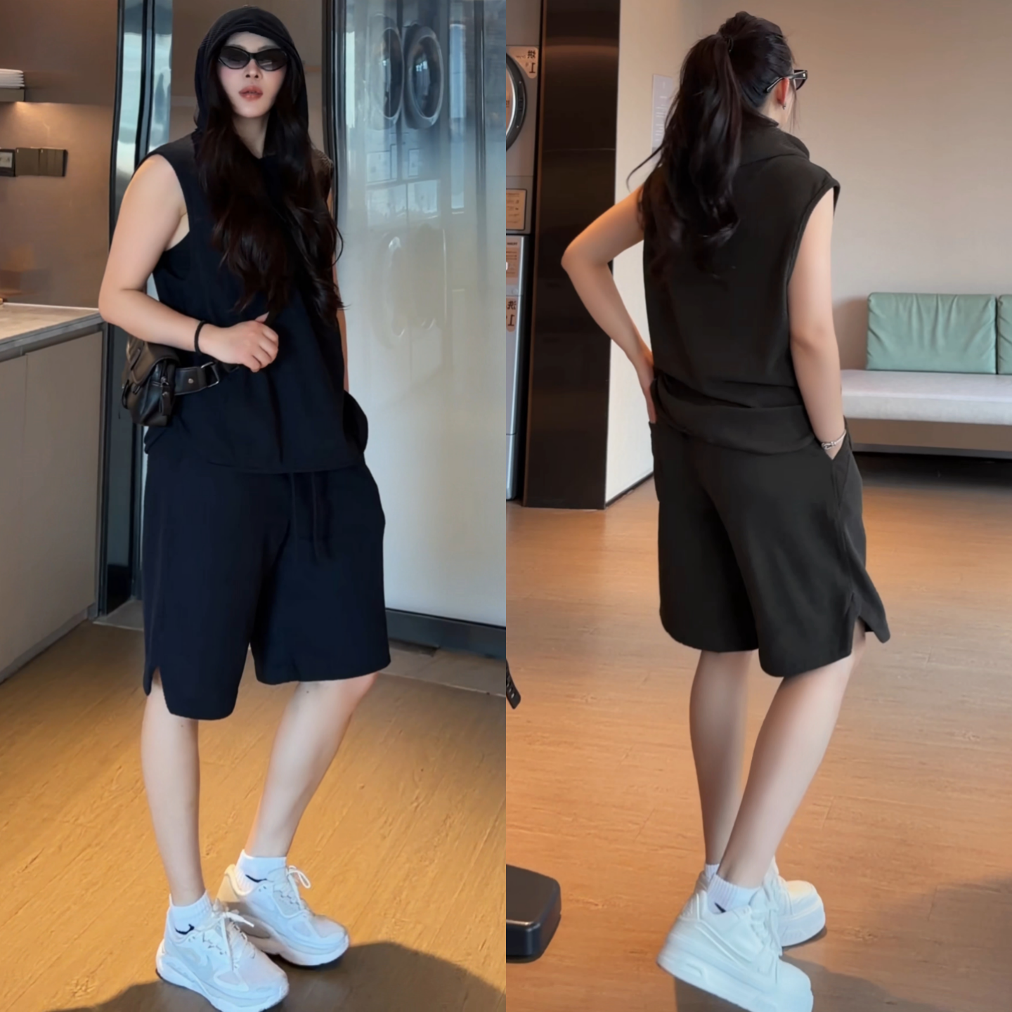 夏季男士纯色简约无袖连帽背心短裤套装时尚高级感休闲运动两件套