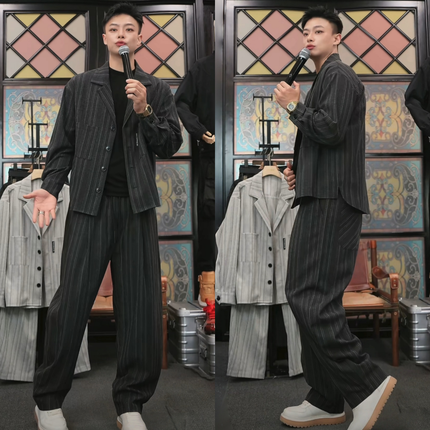 春季轻奢老钱风条纹西装套装男士松弛高级感休闲西服长裤两件套潮