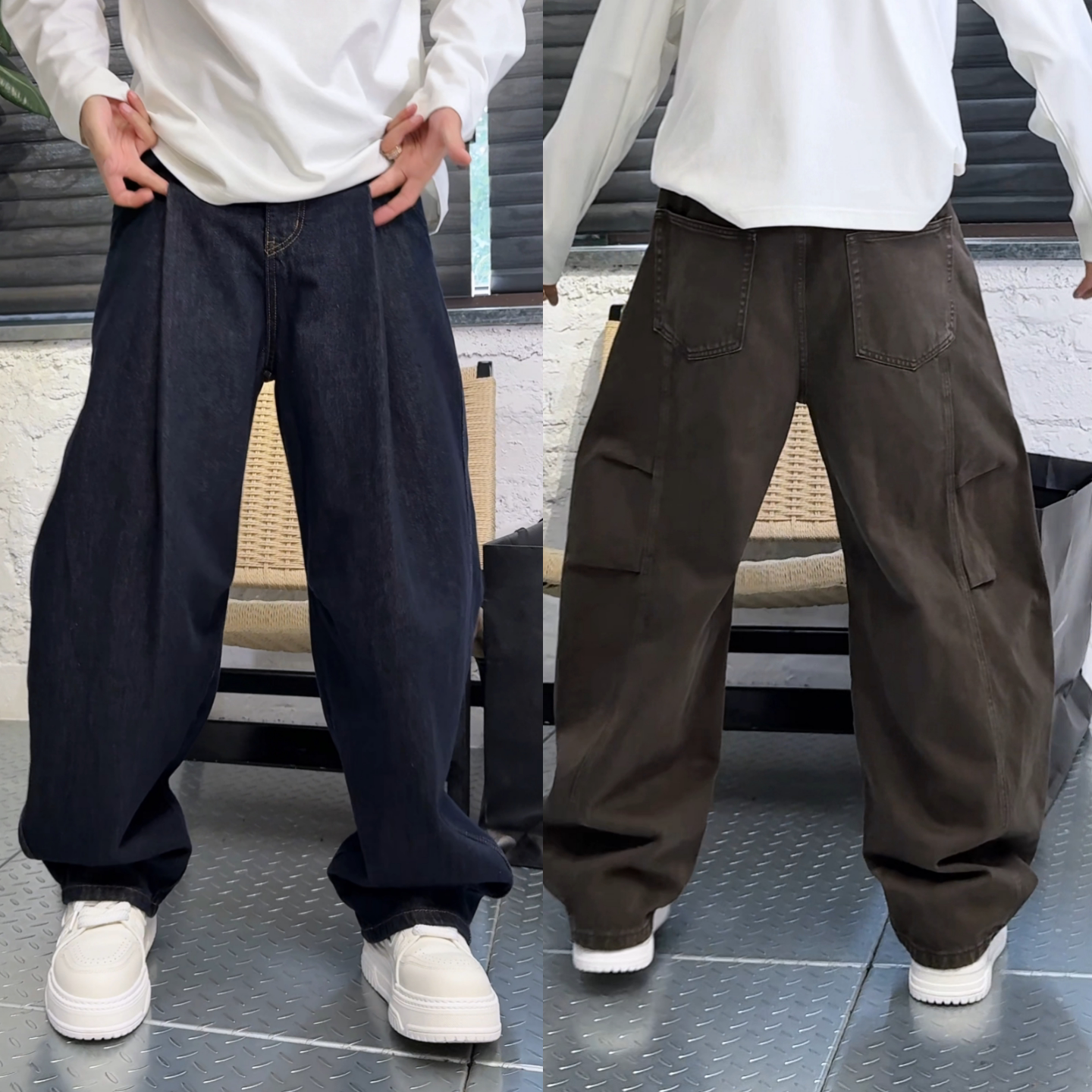 秋季美式街头廓形水洗牛仔裤男