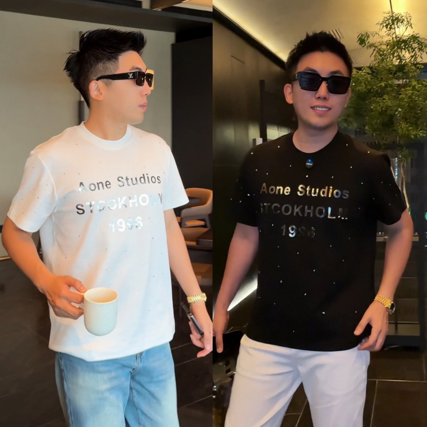 潮牌烫钻短袖T恤男士春夏圆领字母设计感休闲上衣高级感青年半袖