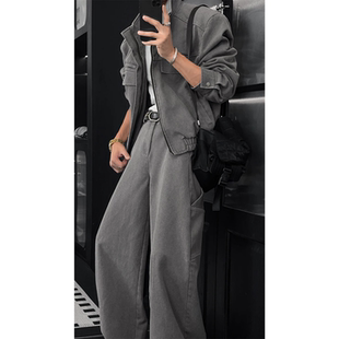 潮流工装硬挺男士休闲套装冬季上新酷帅潮男立领夹克阔腿裤两件套