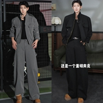 秋季新款美式复古男士立领夹克外套硬挺质感痞帅工装夹克长裤套装