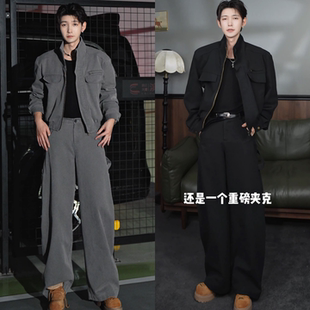 秋季新款美式复古男士立领夹克外套硬挺质感痞帅工装夹克长裤套装