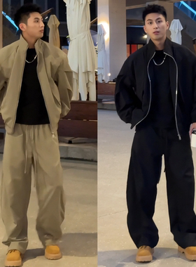 极简风男士套装冬季上新酷帅潮流慵懒风立领拼接夹克休闲裤两件套