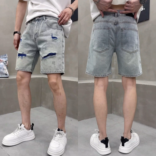 夏季个性潮流彩色破洞时尚五分裤男士痞帅减龄休闲百搭牛仔短裤潮