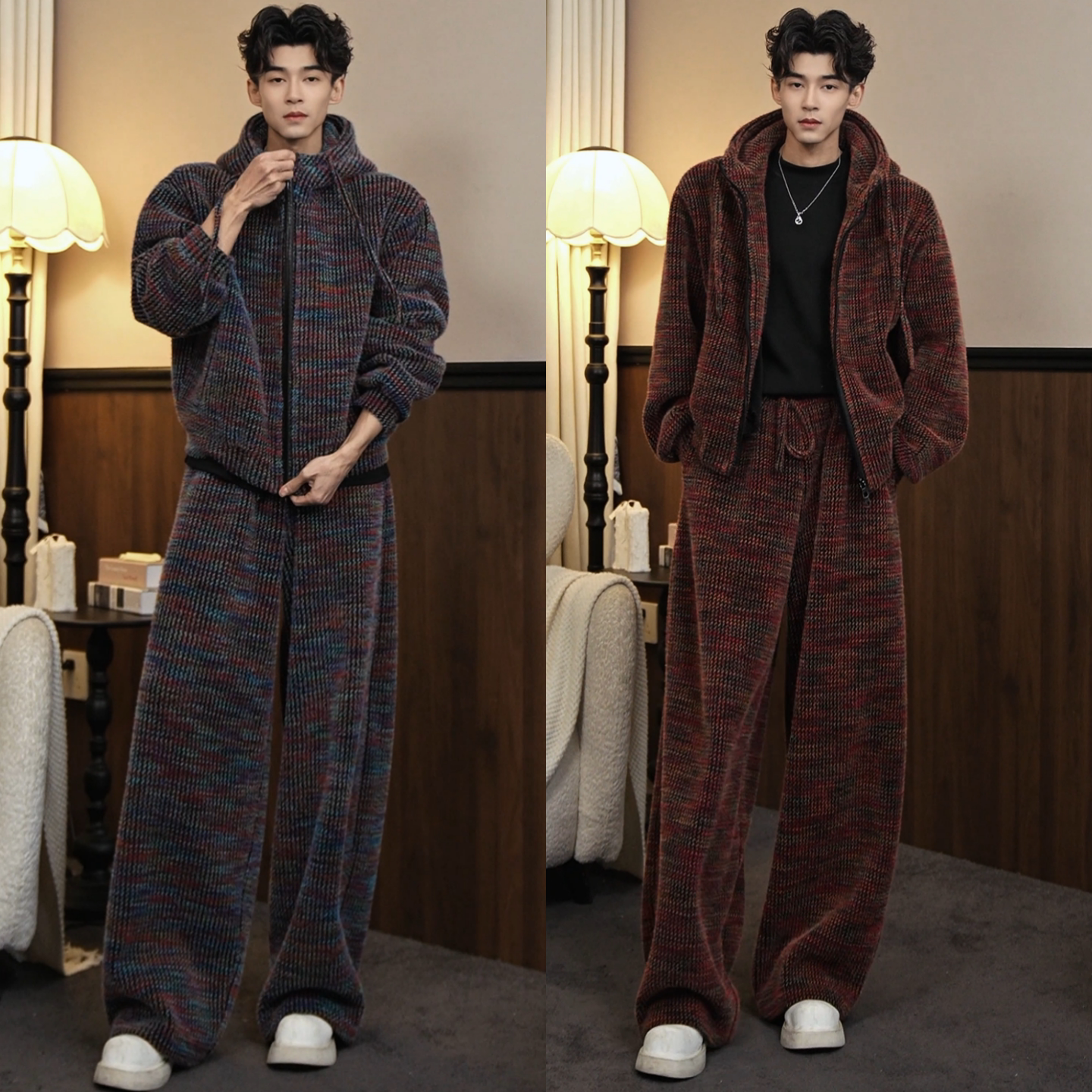 冬季新款幻彩针织加绒男士时尚套装加绒重磅拉链外套休闲裤两件套
