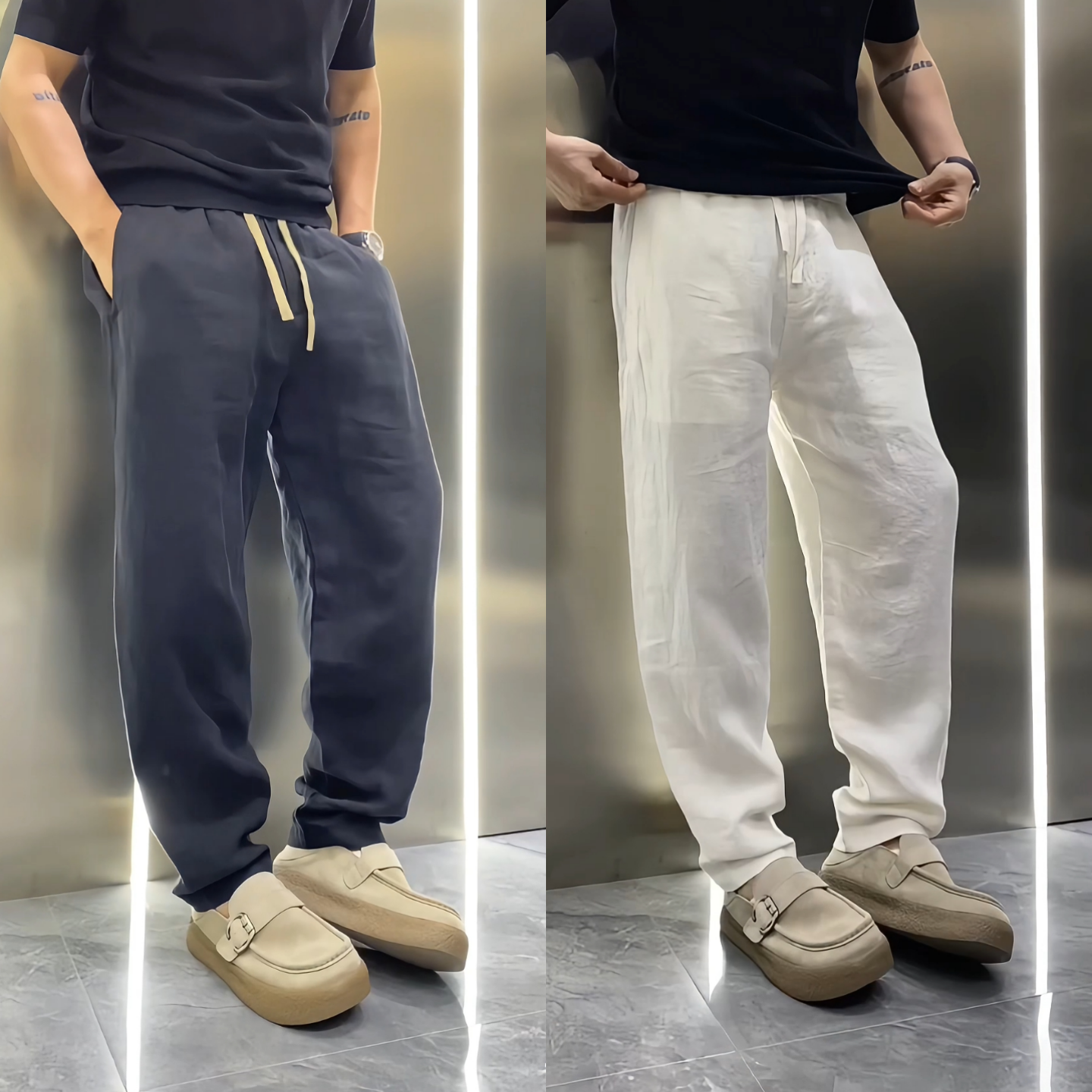 夏季简约风时尚直筒休闲裤男士宽松透气薄款老钱风高级感系绳长裤