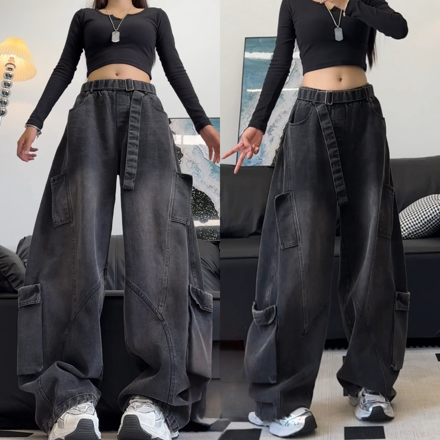 男款冬季新款美式潮牌多口袋设计感帅气情侣款式工装牛仔裤休闲裤