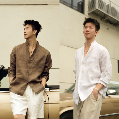 春季简约休闲风立领长袖衬衫男