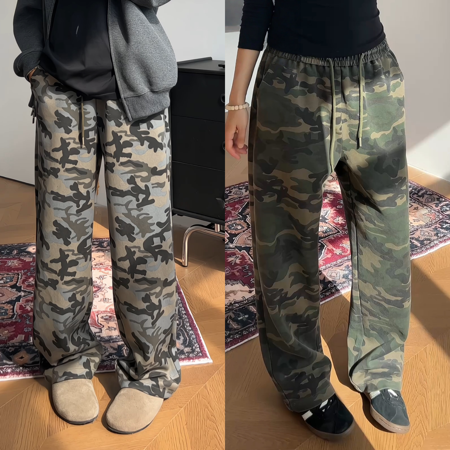 秋季新款帅气情侣款迷彩工装裤美式街头显瘦直筒系绳设计休闲卫裤