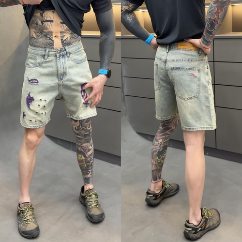 夏季牛仔风彩色破洞五分短裤男