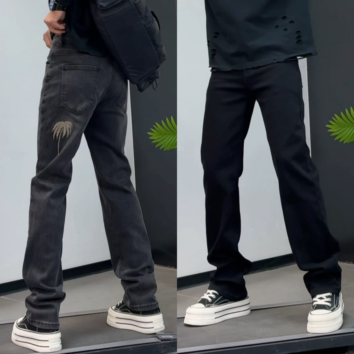 春季简约时尚做旧椰树男士休闲牛仔裤立体宽松潮流舒适直筒休闲裤