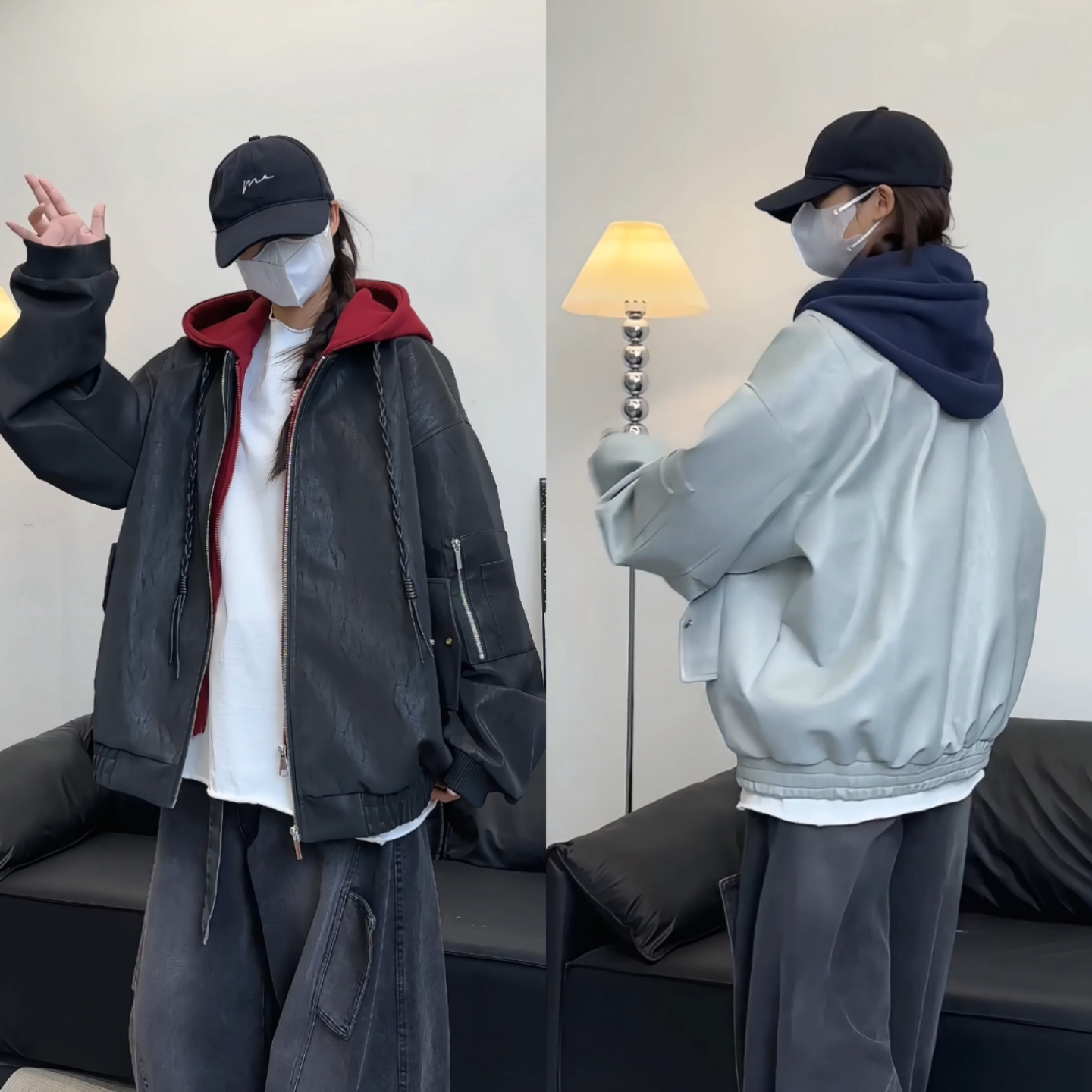 春季时尚飞行员外套潮牌休闲工装外套潮流美式长袖带帽皮衣夹克男