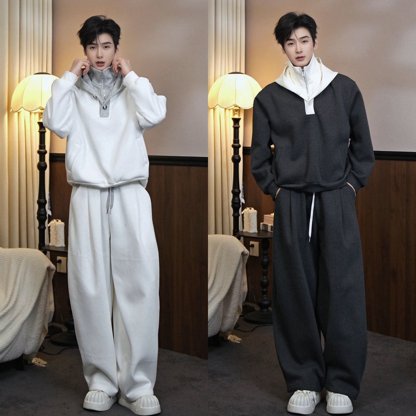 假两件层次时尚套装春季新品潮流痞帅半拉链拼接卫衣阔腿裤两件套