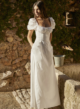 法式修身露背白色泡泡袖礼服连衣裙Women bubble sleeved dress
