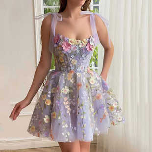 歐美時尚 sexy party dress 立體花朵刺繡包臀性感吊帶連衣裙Women