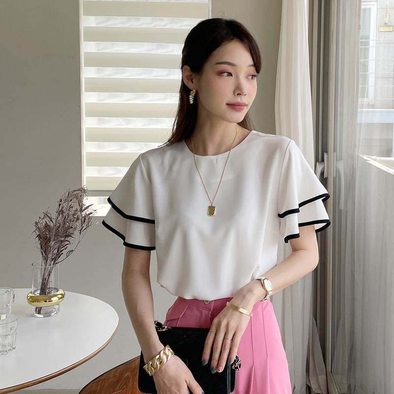 跨境外贸甜美T恤2022夏季荷叶袖圆领雪纺衫女式气质宽松大码上衣