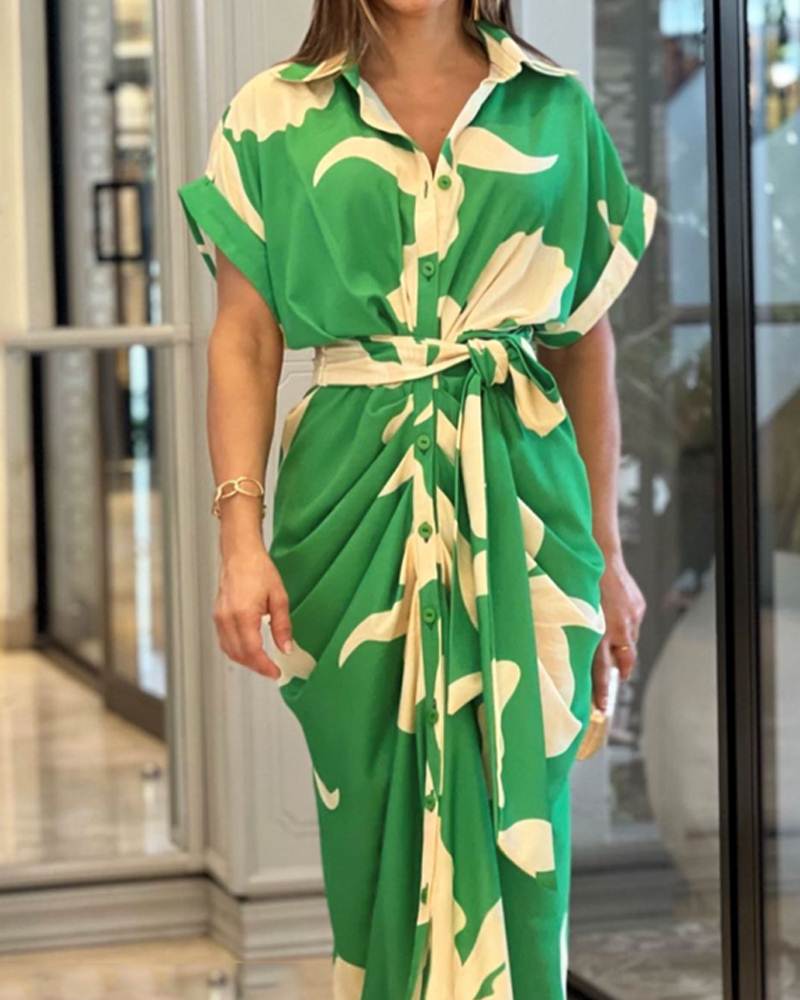 欧洲站夏季新款POLO领单排扣通勤系带印花短袖中长款衬衣连衣裙女
