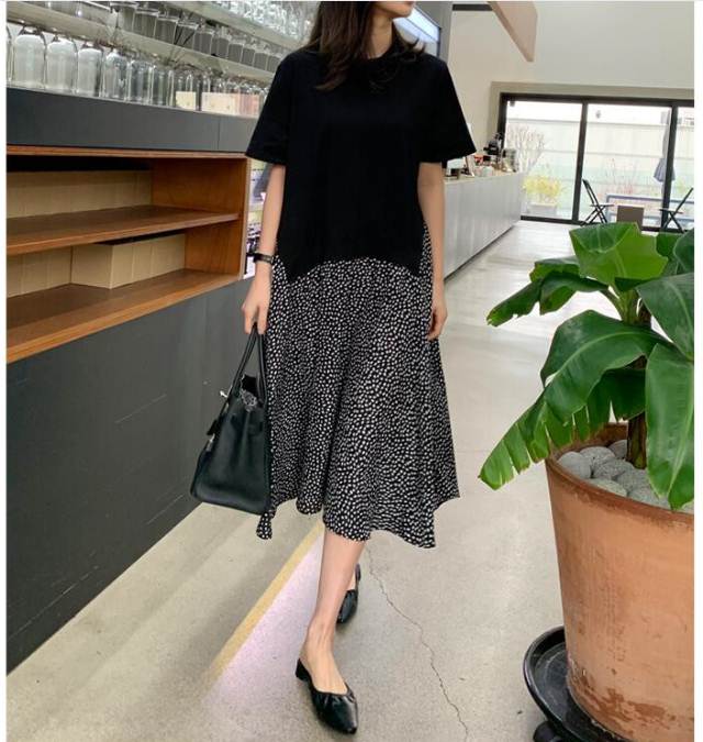 200斤外贸特大码女装胖mm波点拼接中长款宽松打底连衣裙假两件潮