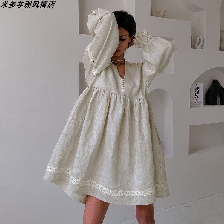 V neck dress dress欧美棉麻法式裙气质V领灯笼袖宽松孕妇连衣裙
