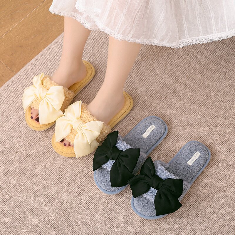 可爱少女心蝴蝶结家居拖鞋女秋冬季室内防滑软底保暖一字g毛绒拖