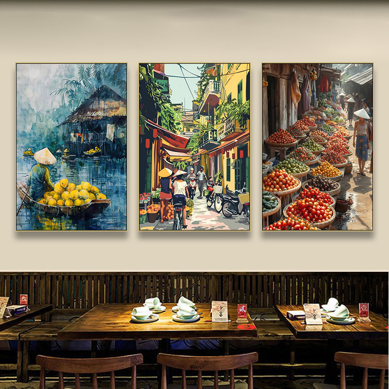 东南亚风格装饰画越南餐厅墙街道美食风情挂画特色饭店油画风壁画