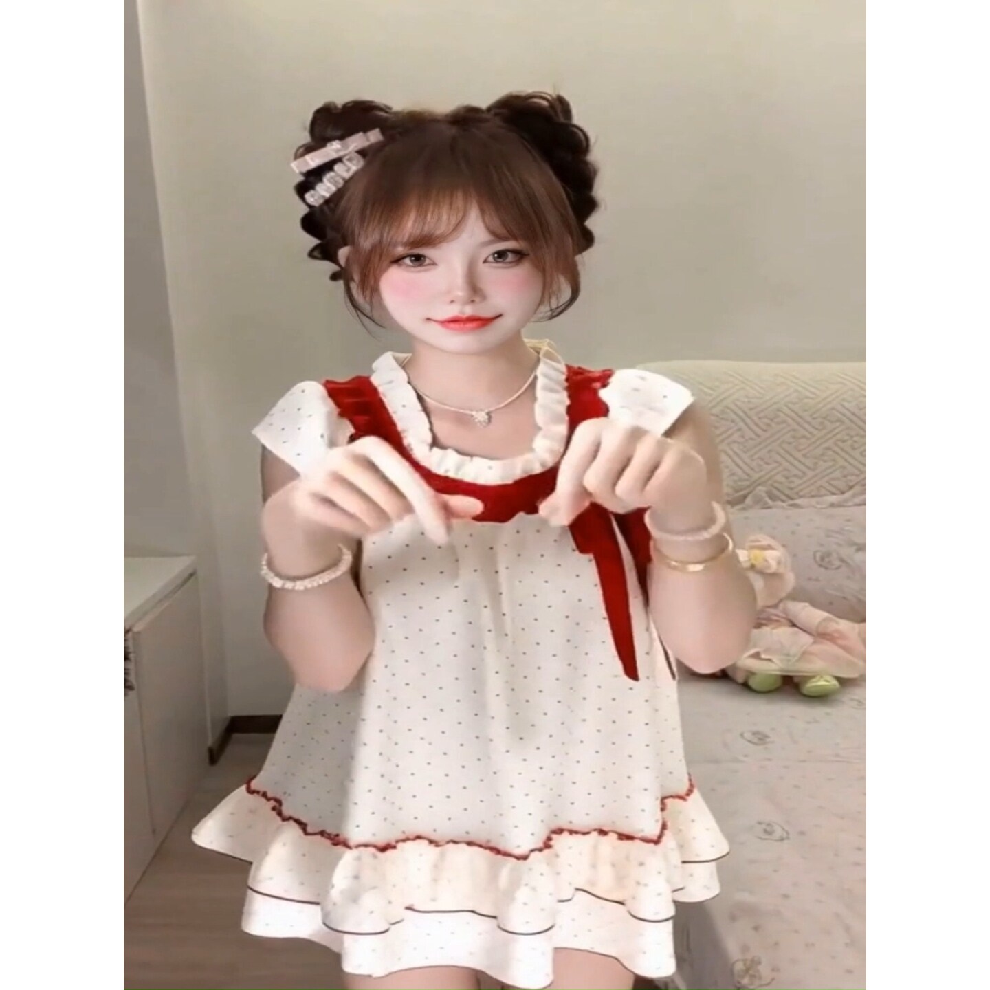 小个子甜美波点蝴蝶结连衣裙女夏季法式宽松显瘦蛋糕裙小飞袖短裙