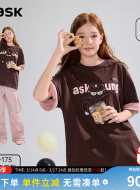 ask儿童T恤25夏季儿童短袖青少年趣味贴布绣半袖女大童上衣