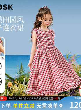 ask亲子裙装25夏季新品复古文艺风中大童格子设计连衣裙