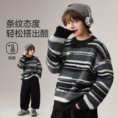 ask儿童毛衣2026冬季 新款 男童撞色条纹柔软长毛绒上衣