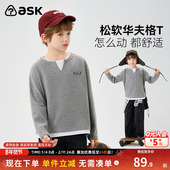 男童假两件华夫格V领上衣宽松休闲长袖 ask儿童T恤2026春季 新款