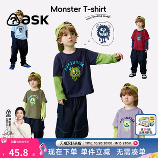 ask儿童T恤2026秋季新款舒适亲肤男童假两件长袖卡通图案圆领上衣