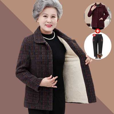 奶奶秋冬装毛呢外套60岁中老年人太太女加绒加厚呢子妈妈装棉衣服