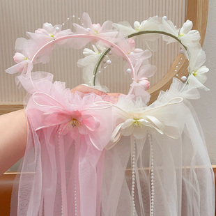公主花环头饰女童头纱2025春夏新款女孩会发光的飘纱发卡儿童发箍