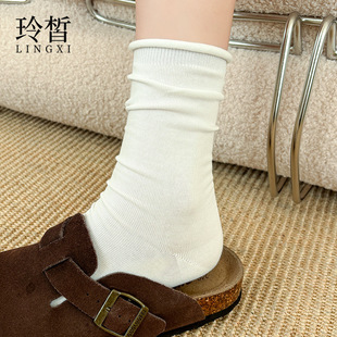 卷边女款纯棉秋冬棉袜休闲百搭全棉中筒袜女士堆堆袜诸暨袜业