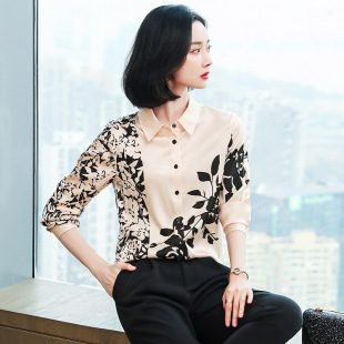 真丝长袖衬衫春秋新款原宿风高端大气设计感印花桑蚕丝衬衣女装