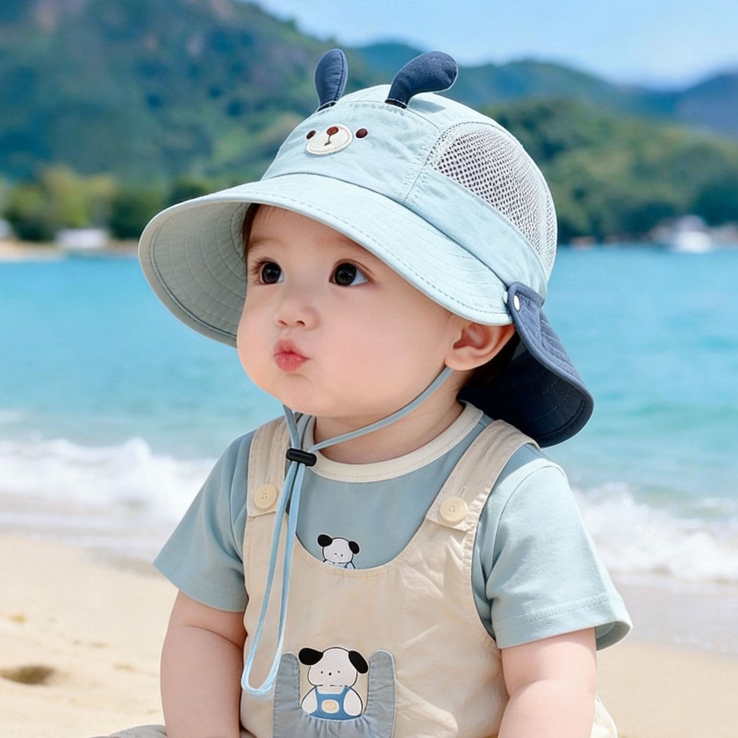 宝宝防晒帽春夏季婴幼儿遮阳渔夫帽大帽檐薄款可拆卸男女童太阳帽