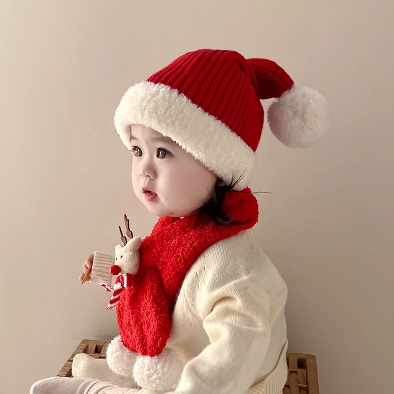 宝宝帽子秋冬季婴儿毛线帽男女童保暖帽围巾红色新年圣诞套头帽潮