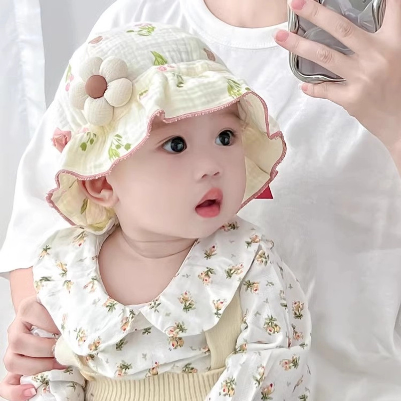 春夏季婴儿帽子棉纱透气女宝宝花朵盆帽婴幼儿童渔夫帽防晒遮阳帽